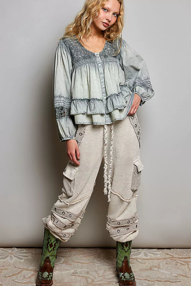 POL Washed Layered Lace Pintuck Flared Woven Blouse 4