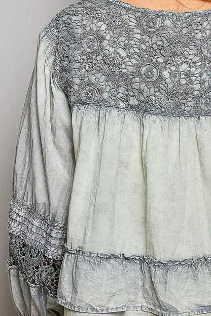 POL Washed Layered Lace Pintuck Flared Woven Blouse 6