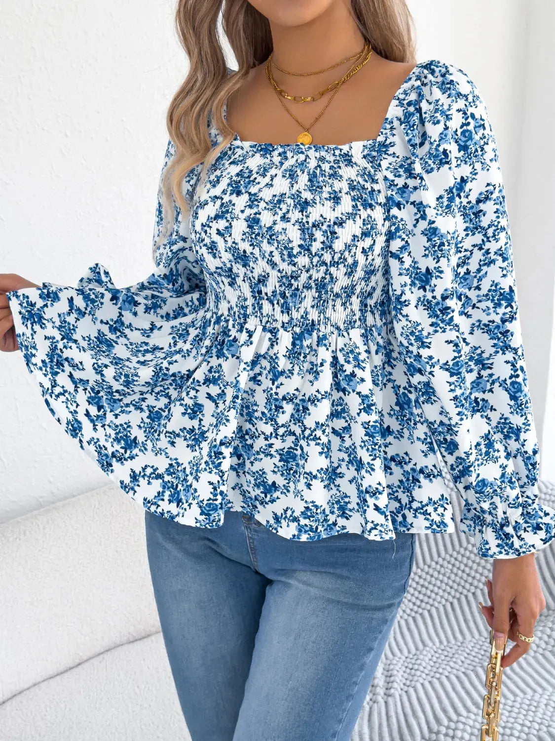 Floral Square Neck Flounce Sleeve Blouse 