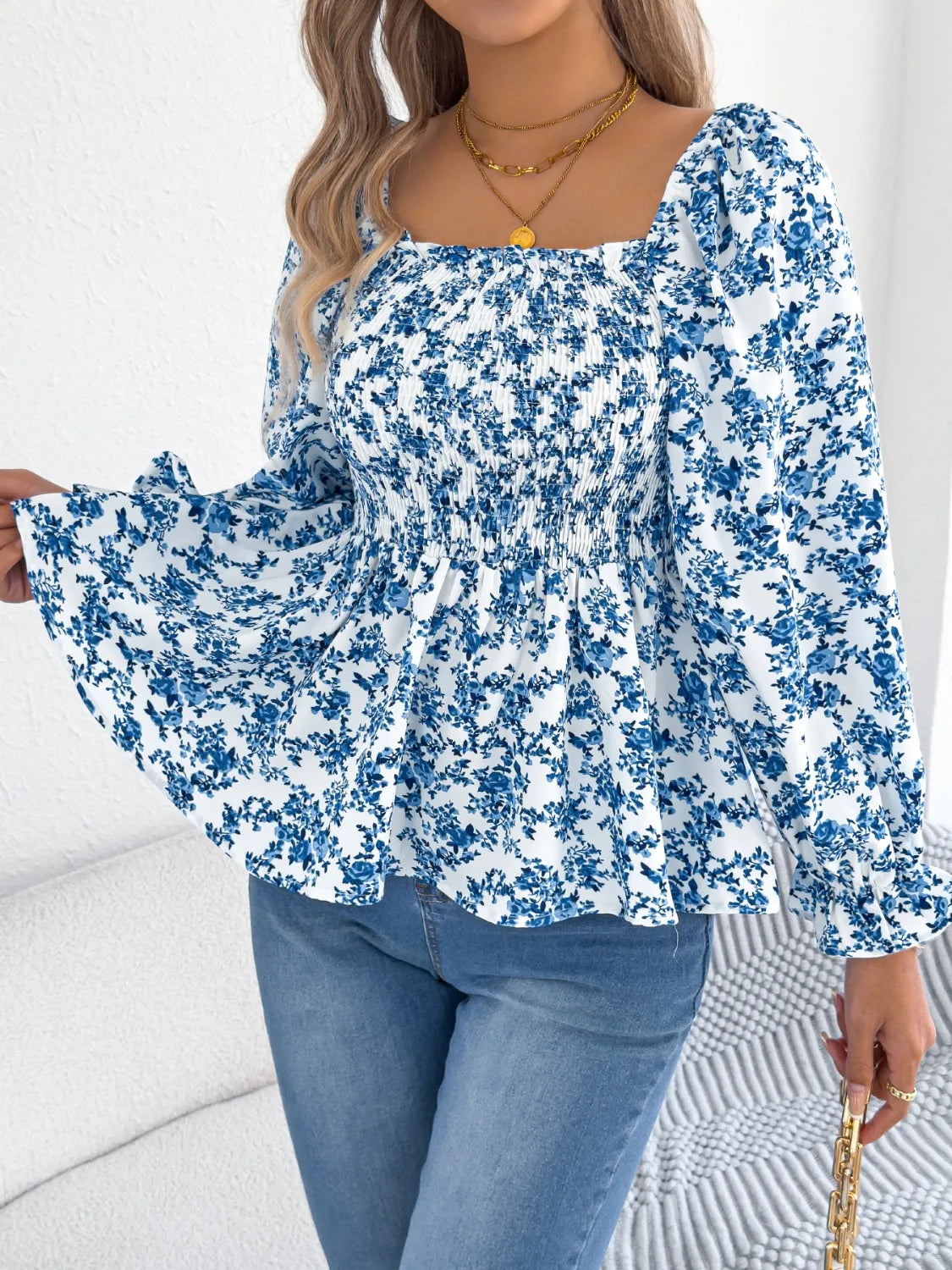 Floral Square Neck Flounce Sleeve Blouse 