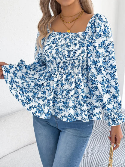 Floral Square Neck Flounce Sleeve Blouse 
