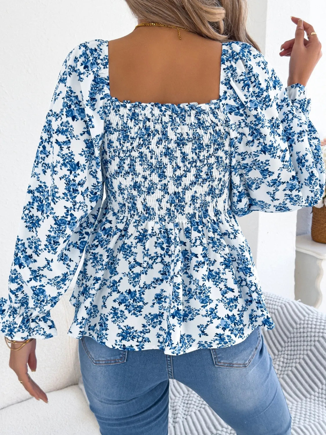 Floral Square Neck Flounce Sleeve Blouse 1