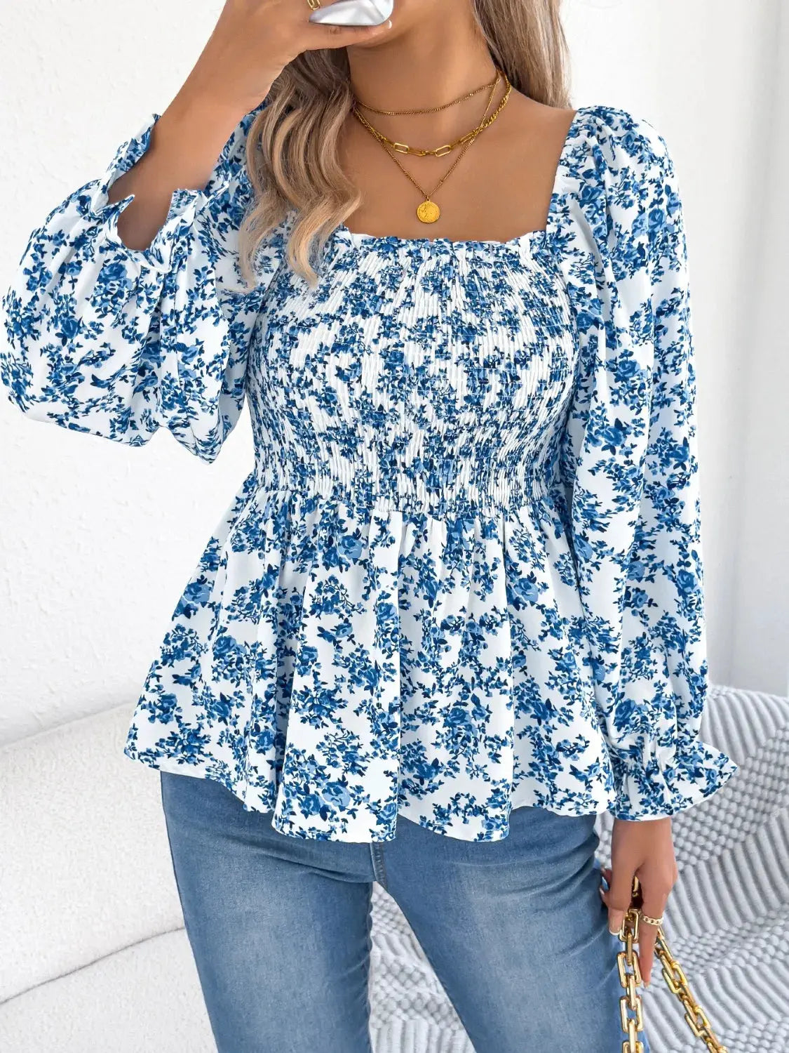 Floral Square Neck Flounce Sleeve Blouse 5
