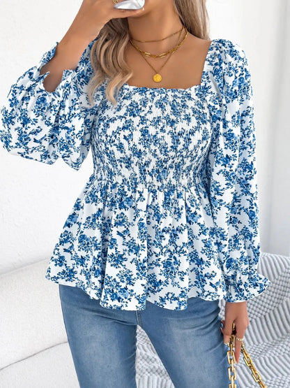 Floral Square Neck Flounce Sleeve Blouse 5