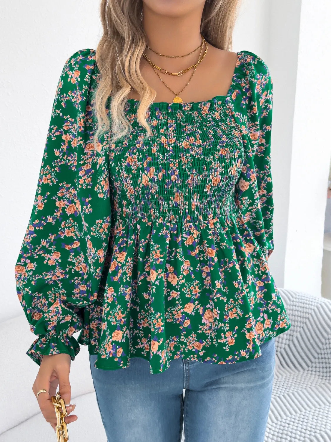 Floral Square Neck Flounce Sleeve Blouse 6