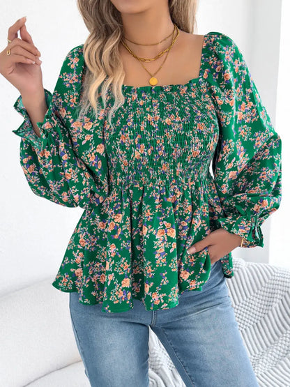 Floral Square Neck Flounce Sleeve Blouse 7