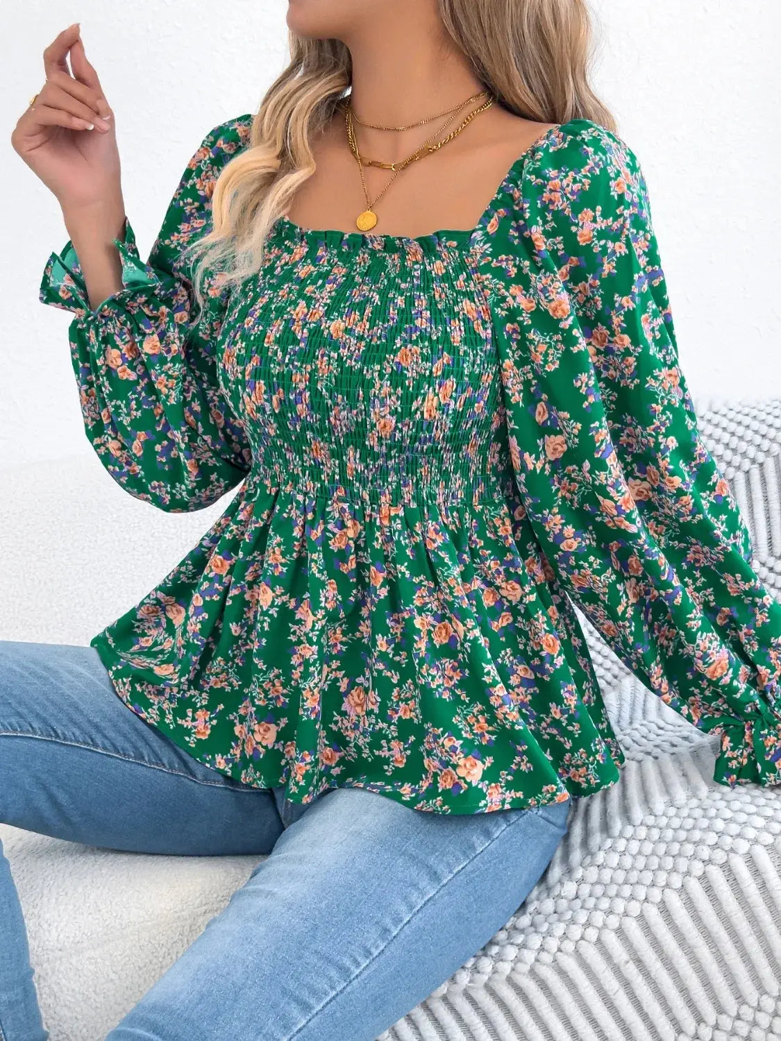 Floral Square Neck Flounce Sleeve Blouse 8