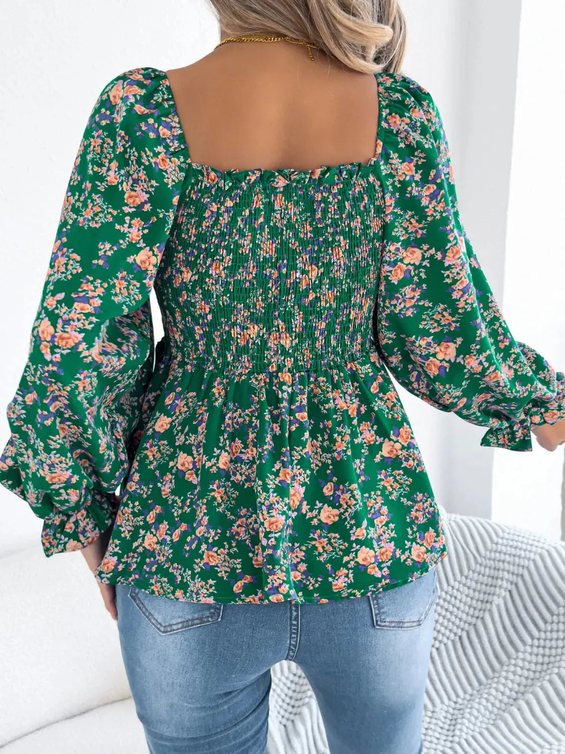 Floral Square Neck Flounce Sleeve Blouse 9