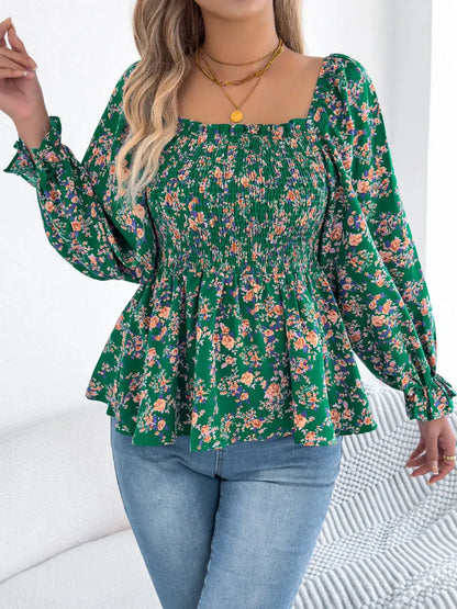 Floral Square Neck Flounce Sleeve Blouse 01