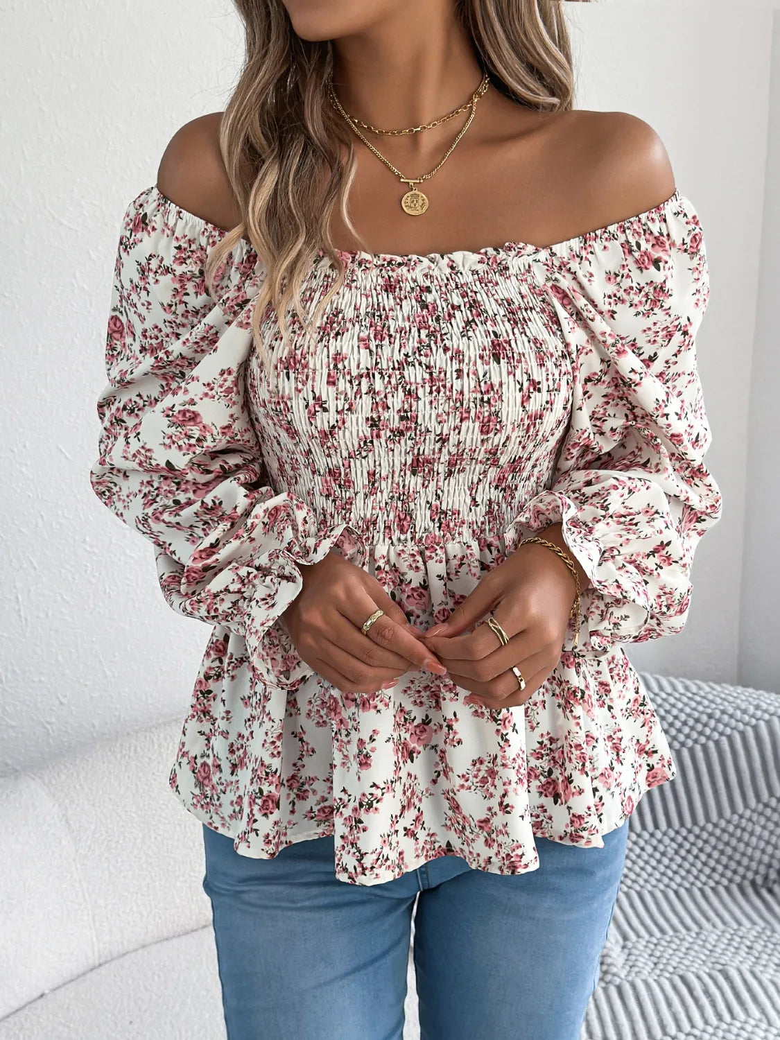 Floral Square Neck Flounce Sleeve Blouse 03