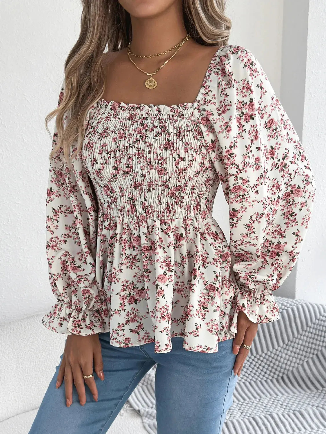Floral Square Neck Flounce Sleeve Blouse 07
