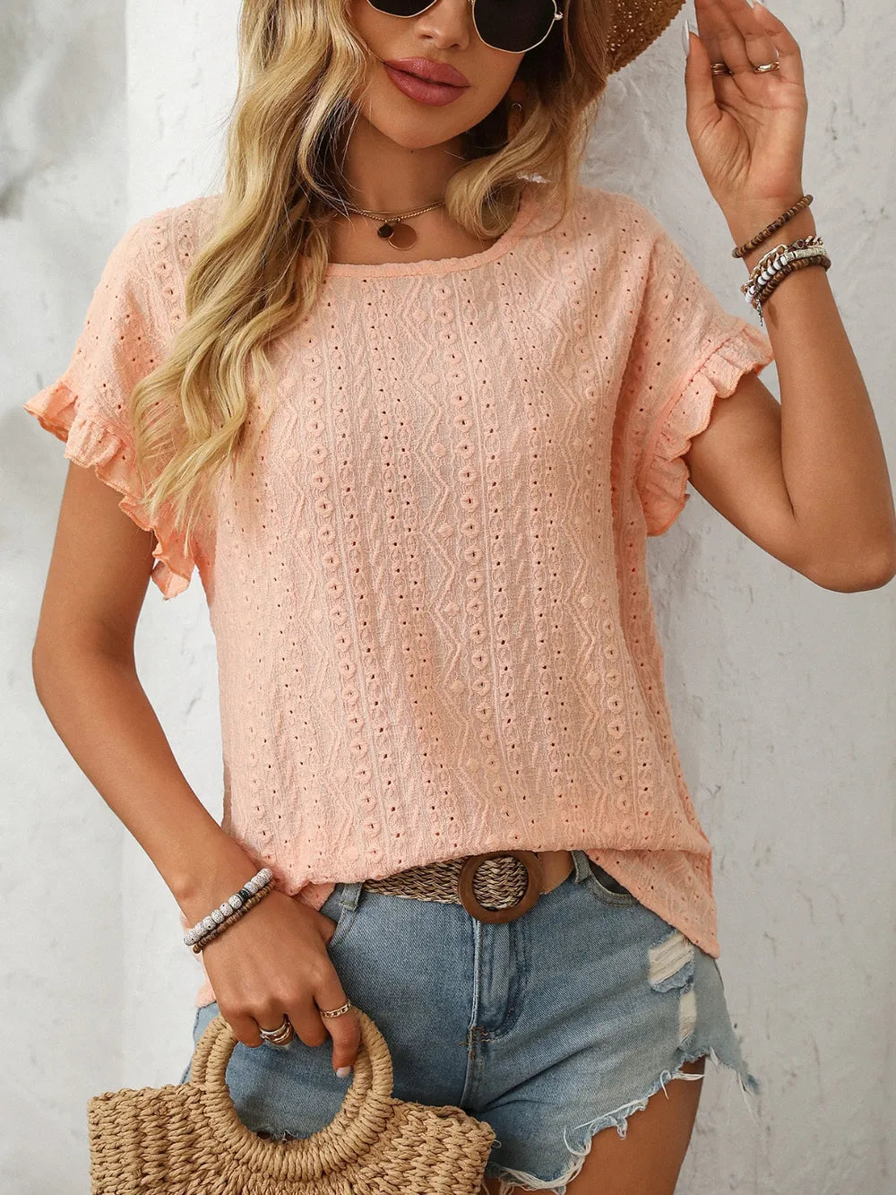 Mandy Eyelet Round Neck Short Sleeve Top 