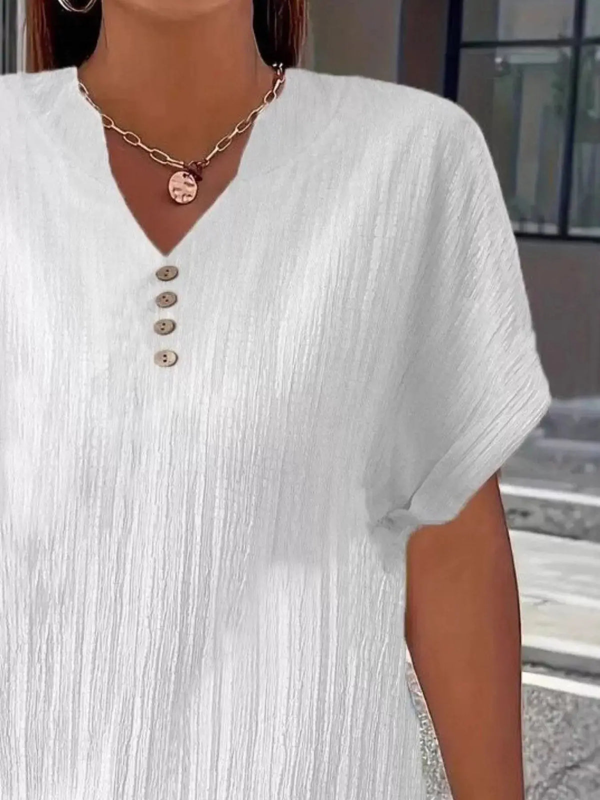 Plus Size Notched Short Sleeve Textured Top 1