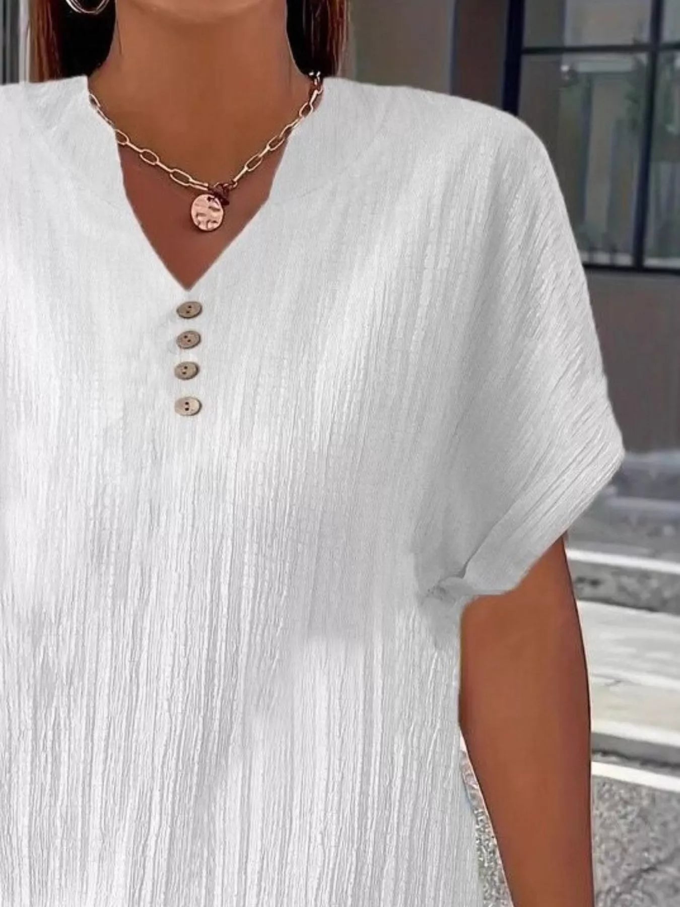 Plus Size Notched Short Sleeve Textured Top 1
