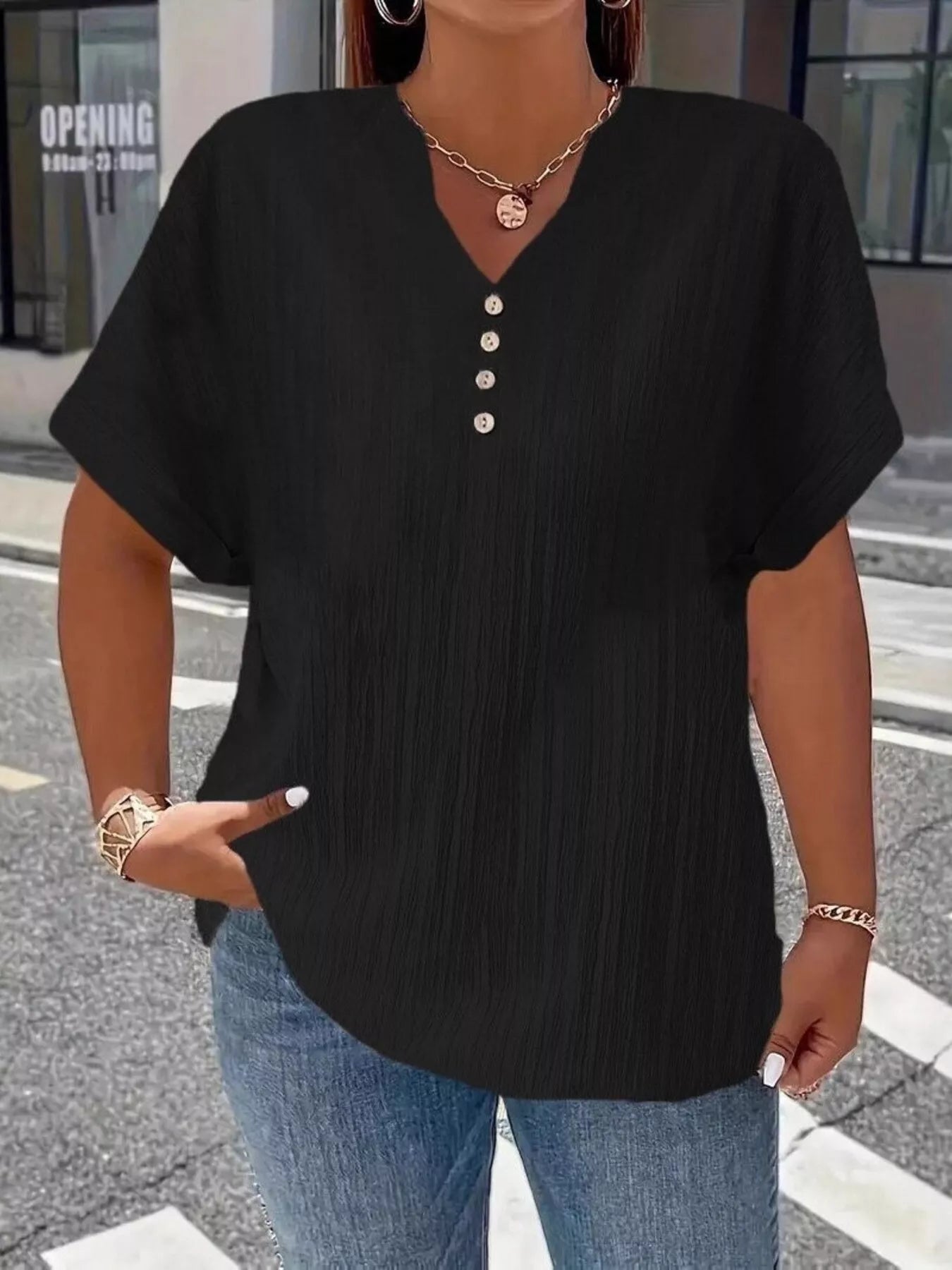 Plus Size Notched Short Sleeve Textured Top 2