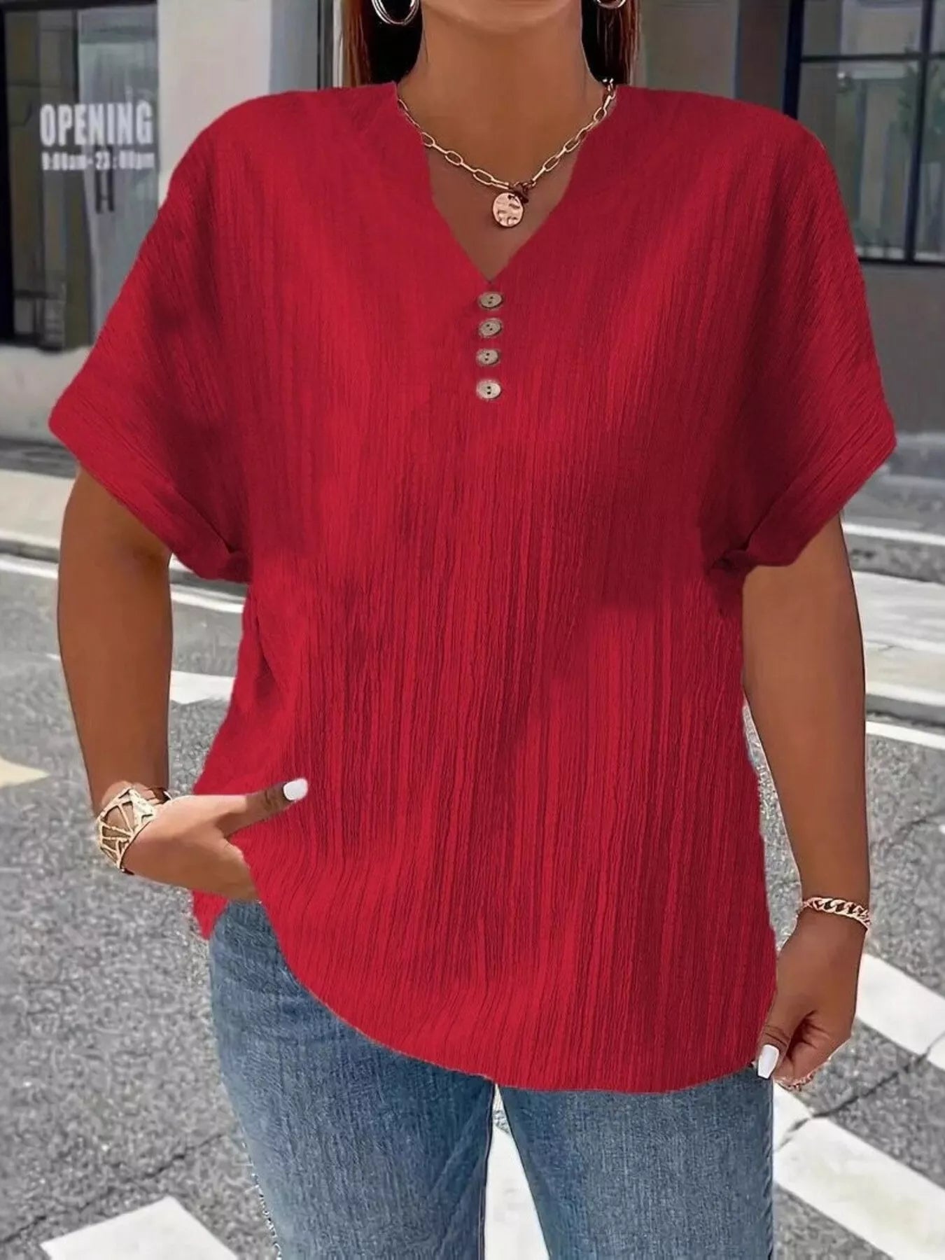 Plus Size Notched Short Sleeve Textured Top 4