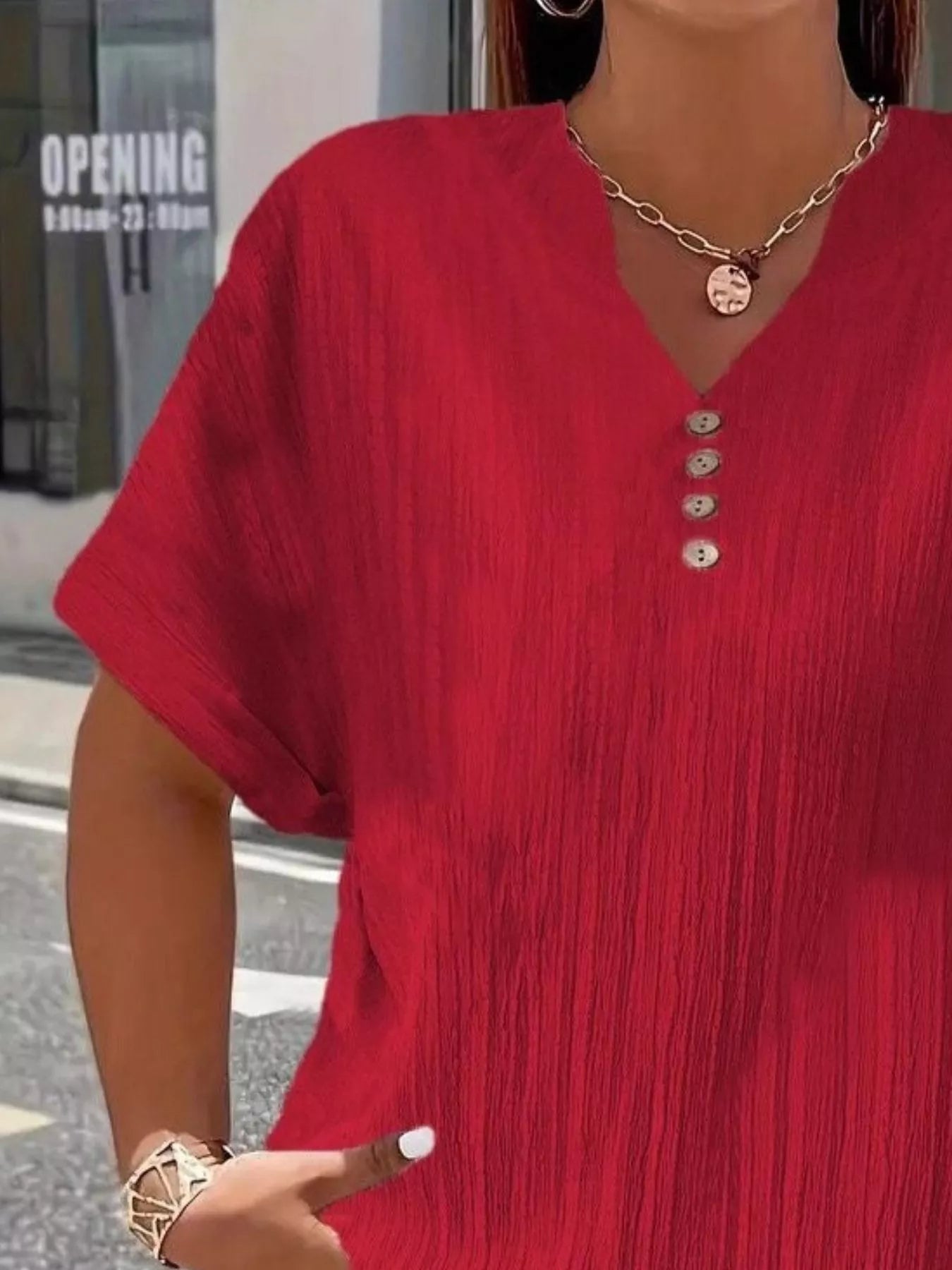 Plus Size Notched Short Sleeve Textured Top 5