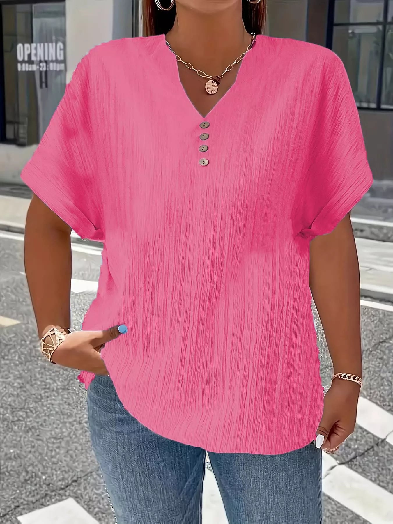 Plus Size Notched Short Sleeve Textured Top 6