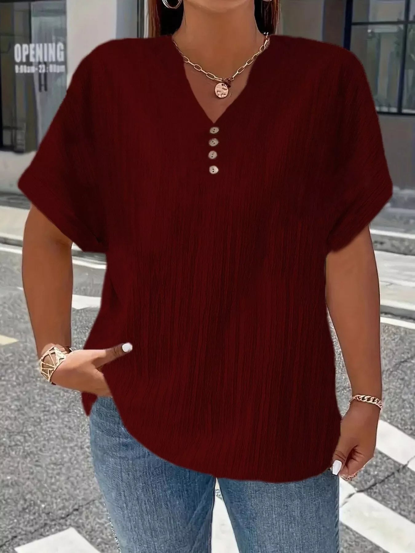 Plus Size Notched Short Sleeve Textured Top 8