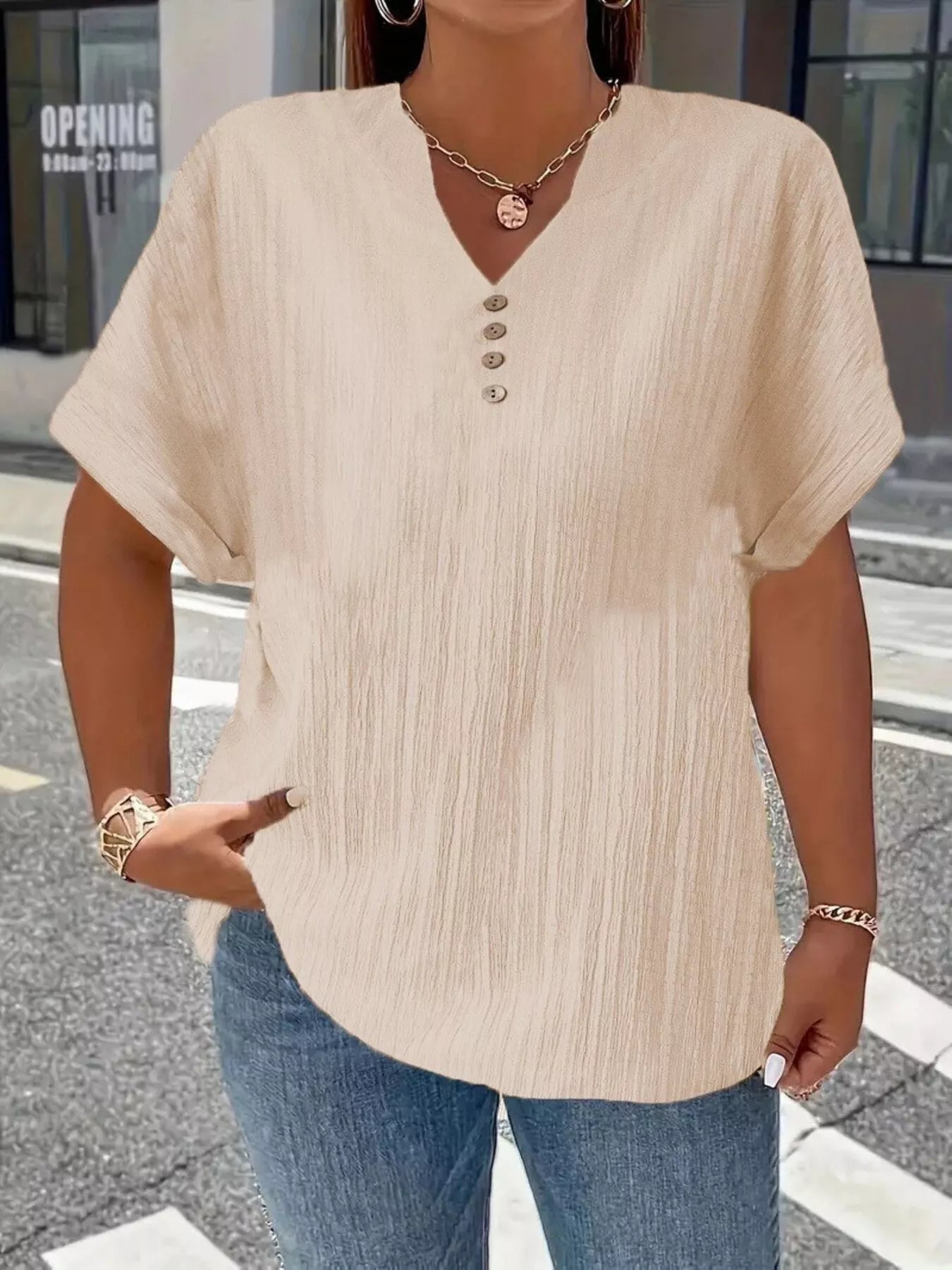 Plus Size Notched Short Sleeve Textured Top 10