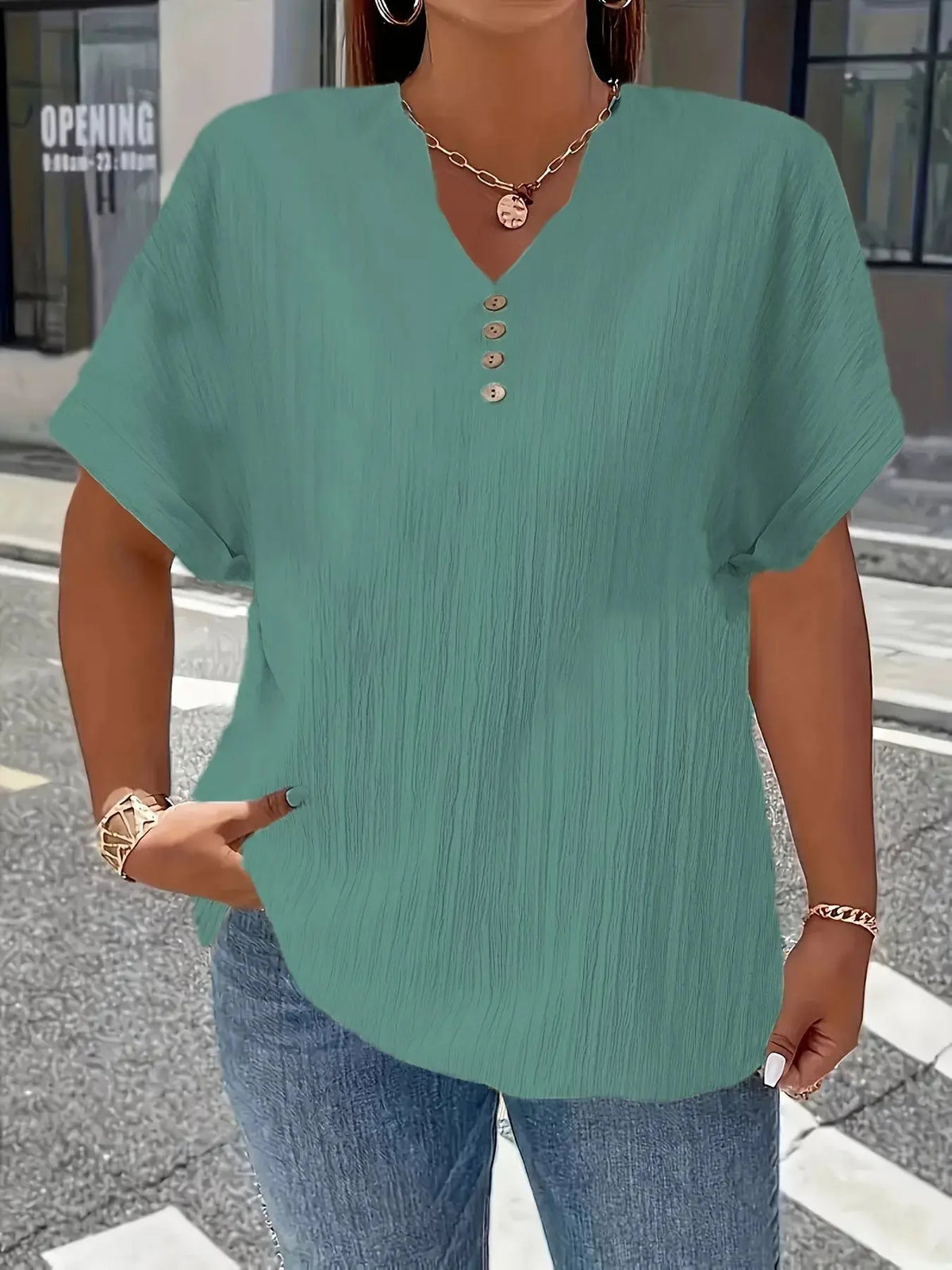 Plus Size Notched Short Sleeve Textured Top 12