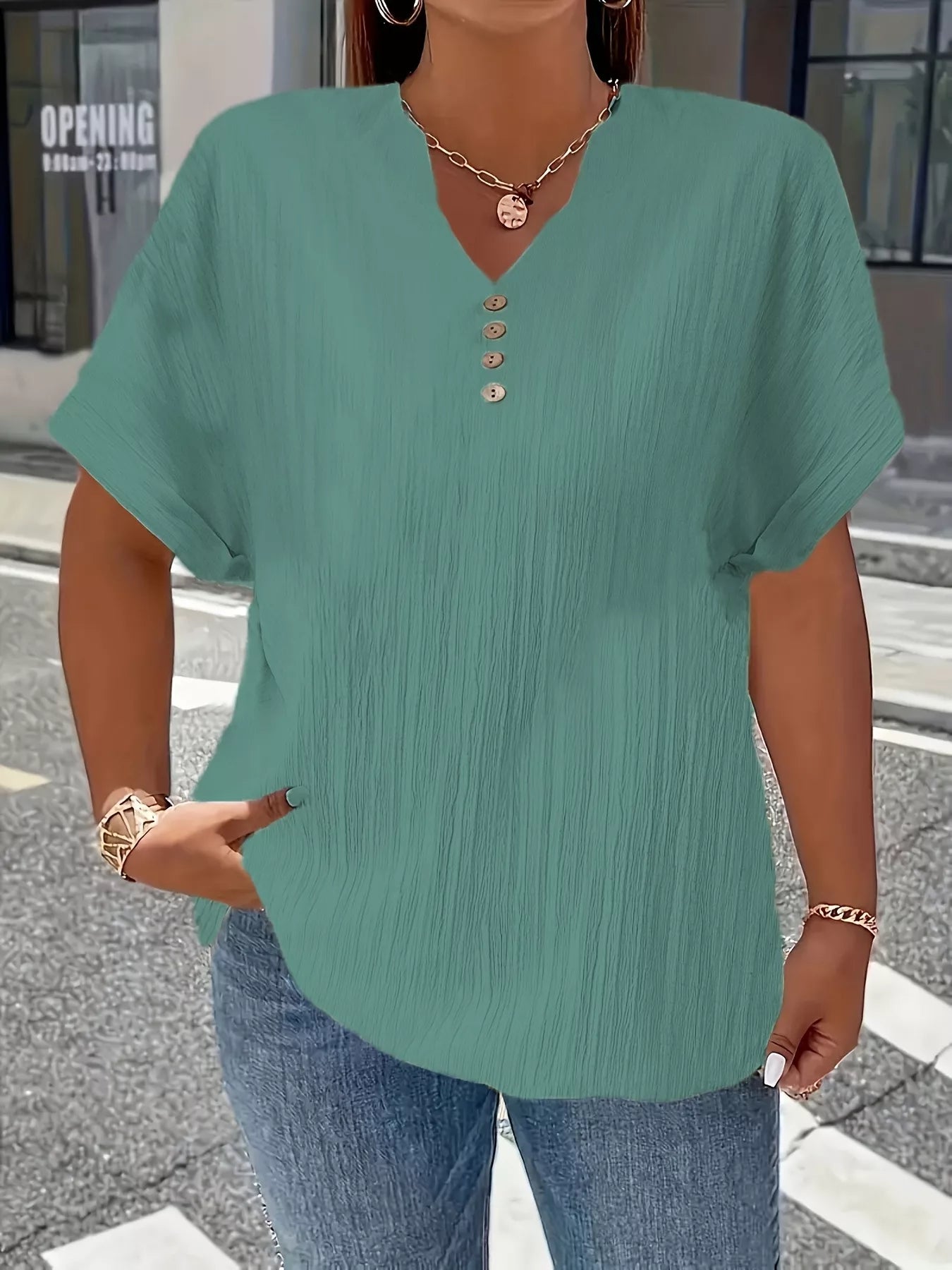 Plus Size Notched Short Sleeve Textured Top 12