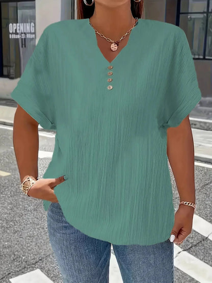 Plus Size Notched Short Sleeve Textured Top 12