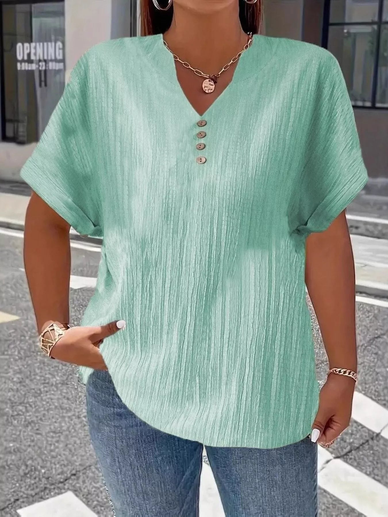 Plus Size Notched Short Sleeve Textured Top 14