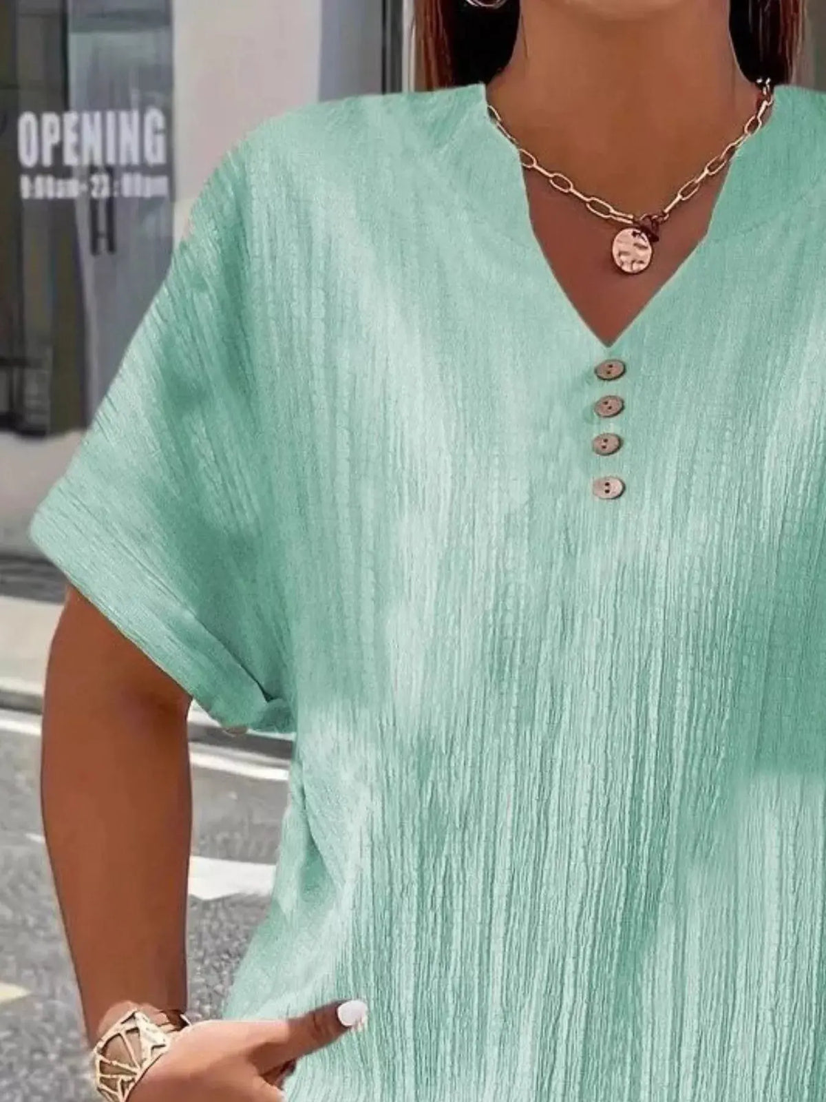 Plus Size Notched Short Sleeve Textured Top 15