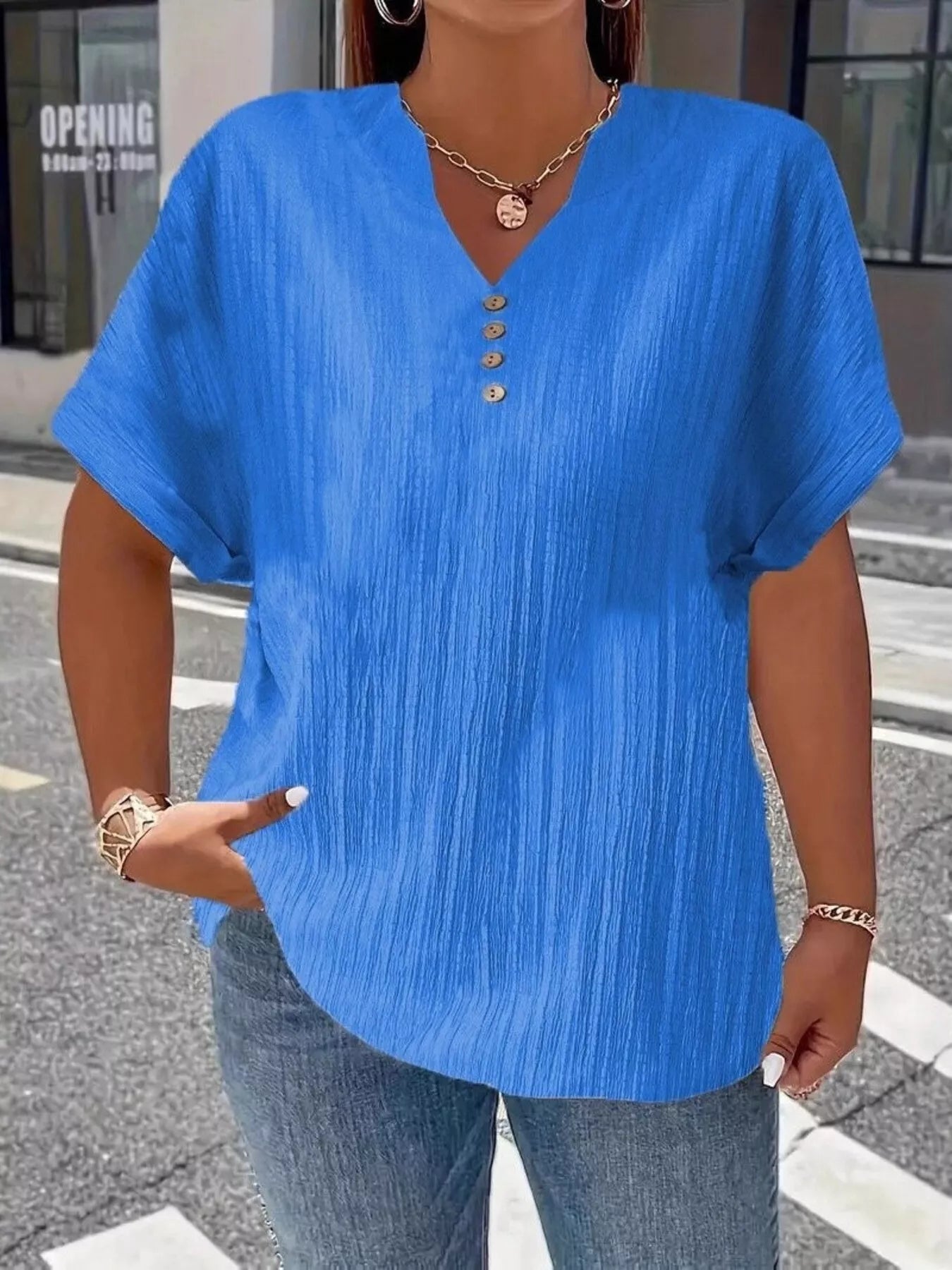 Plus Size Notched Short Sleeve Textured Top 01