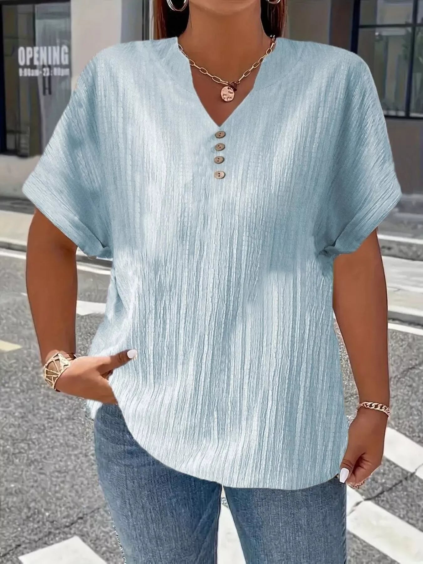 Plus Size Notched Short Sleeve Textured Top 03