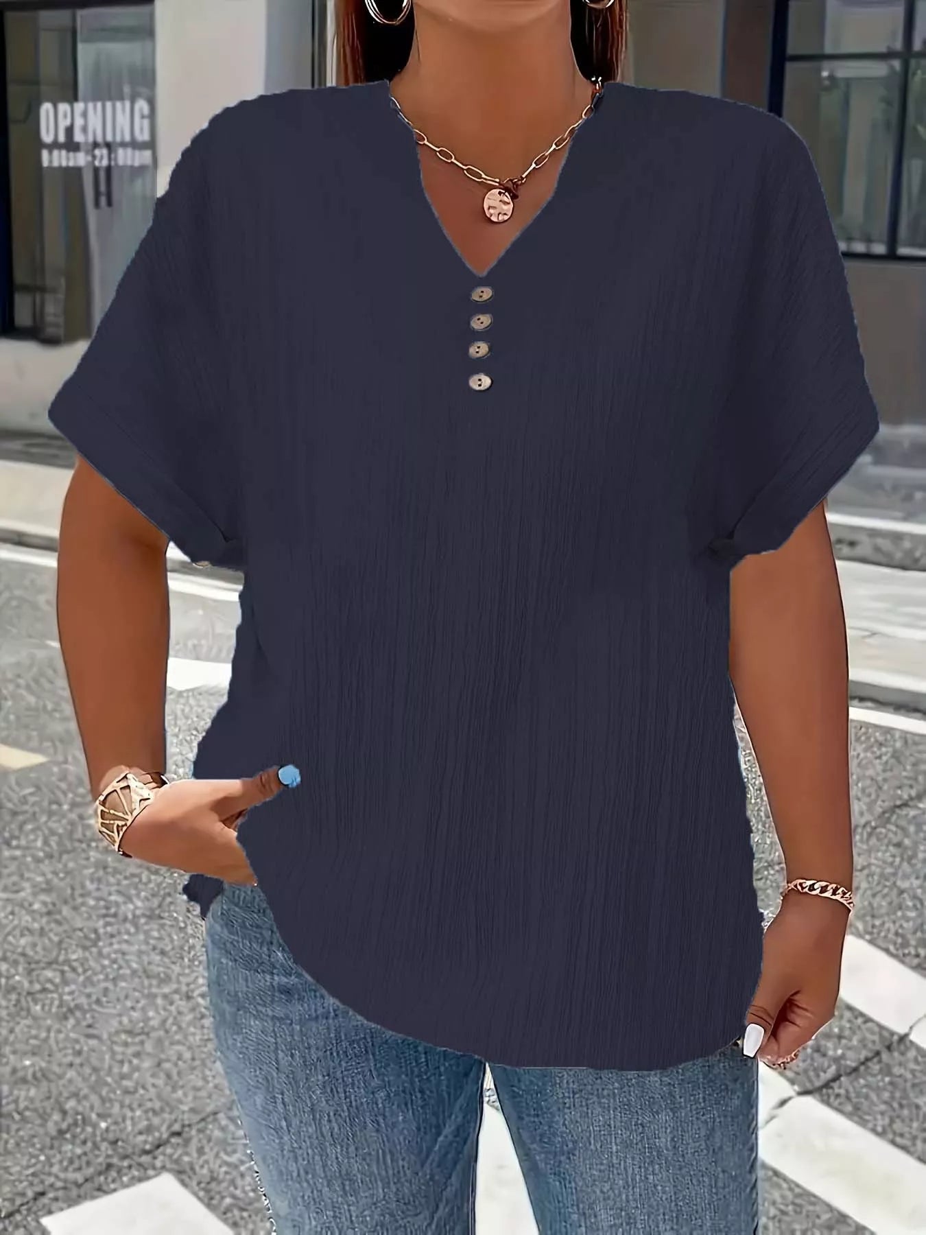 Plus Size Notched Short Sleeve Textured Top 001
