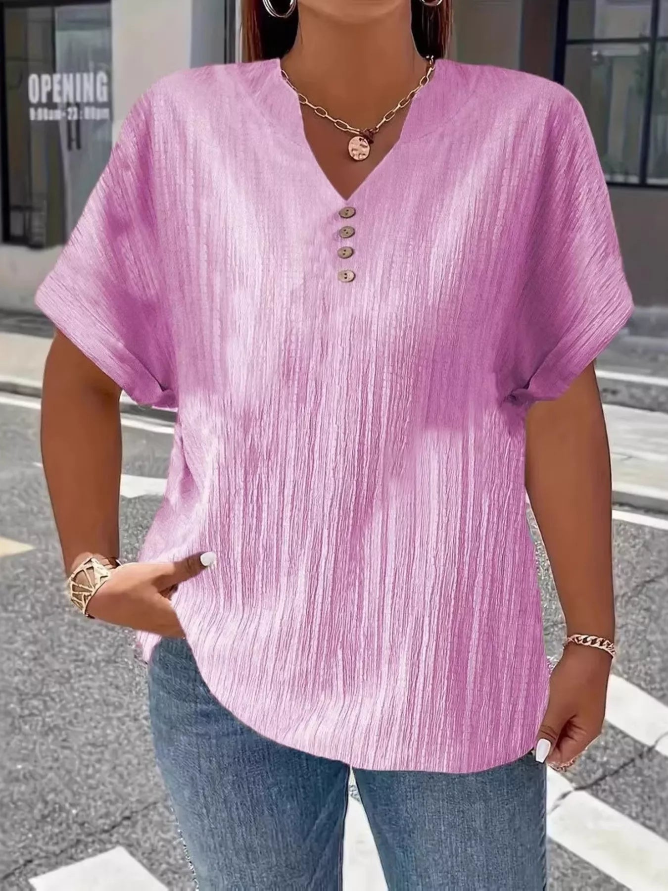 Plus Size Notched Short Sleeve Textured Top 003