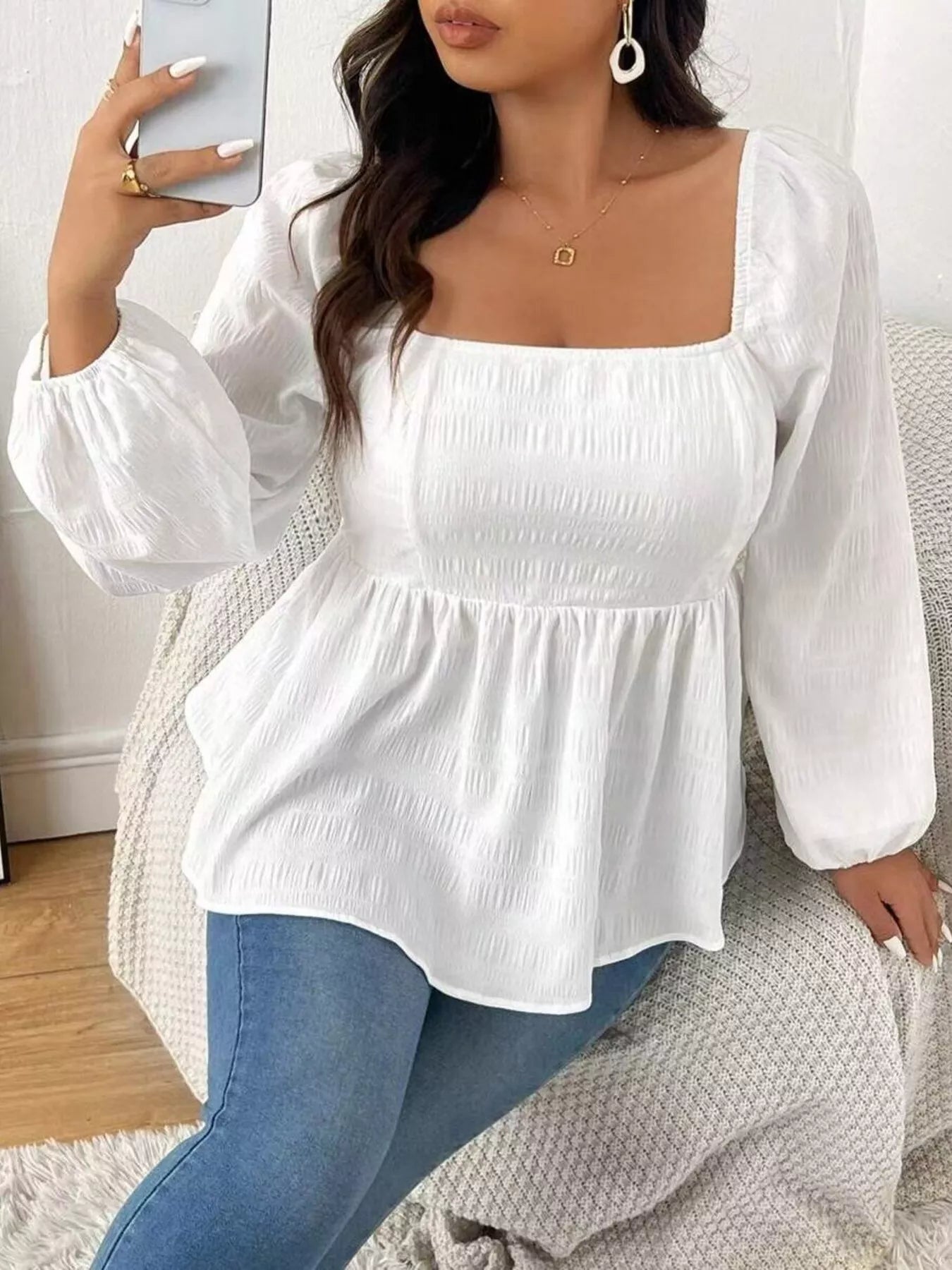 Plus Size Square Neck Long Sleeve Peplum Blouse 1