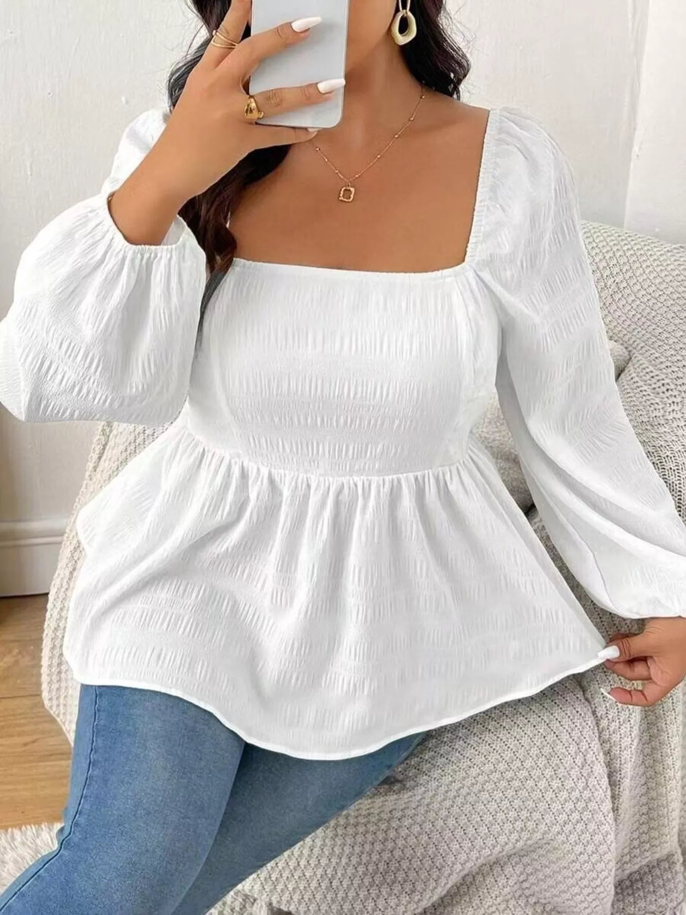 Plus Size Square Neck Long Sleeve Peplum Blouse 2